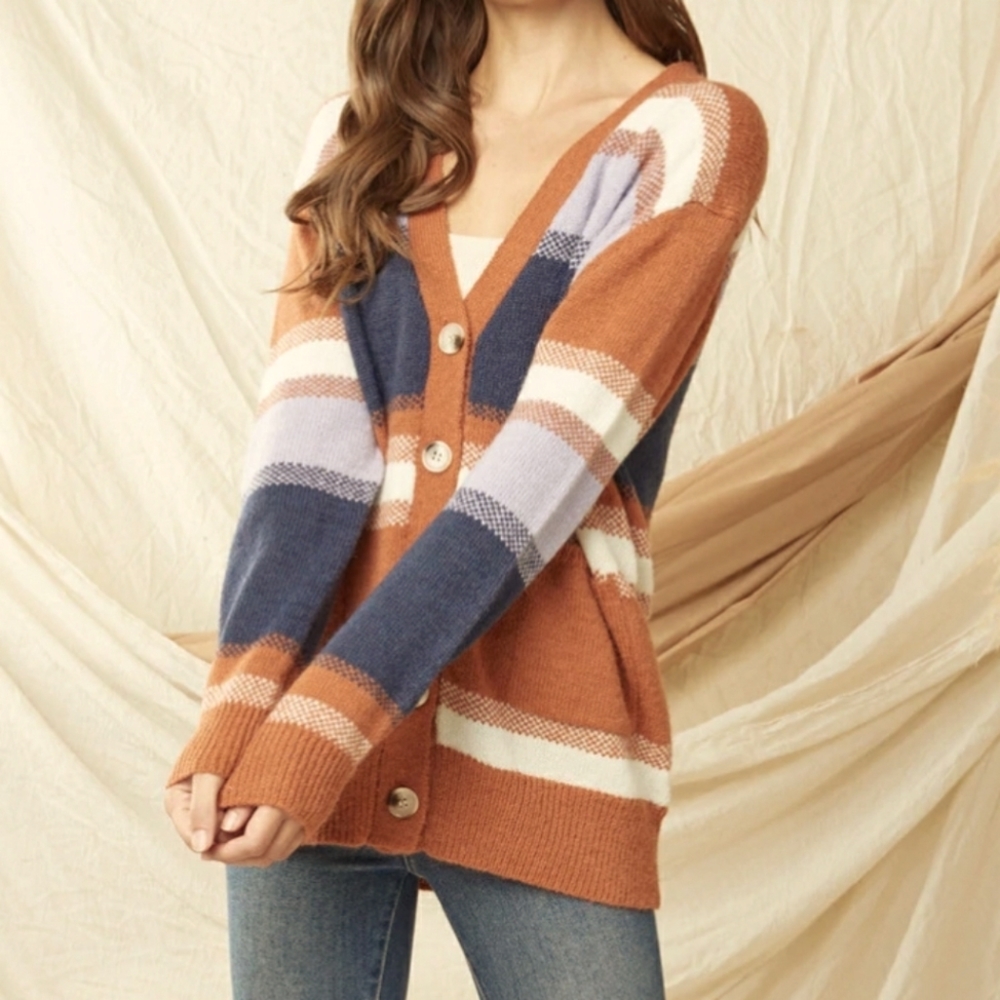 Stripe Cardigan Preppy V-neck Button Front w/ Pockets Navy Rust Cream Size S